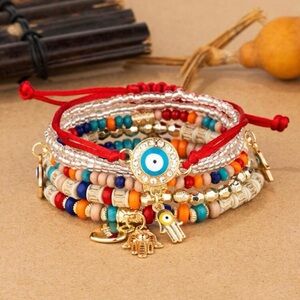 6 Boho Evil Eye Beaded Bracelet Set NWT